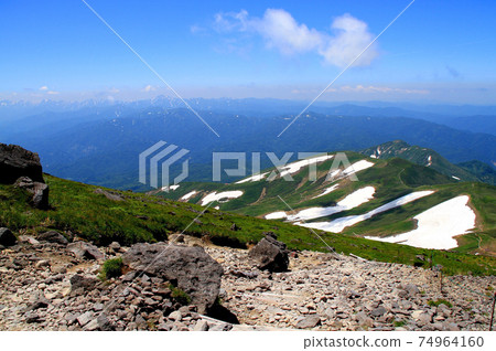 100 famous mountains in Japan, Mt. Gassan in summer, remaining snow 74964160