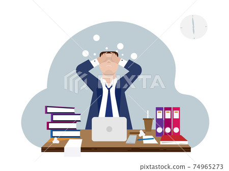 Vector cartoon illustration of male character busy office worker Work until a headache, illness, flu, exhalation, stress, depression. Vector cartoon illustration of male character busy office worker Work until a headache, illness, flu, exhalation, stress, depression. 74965273