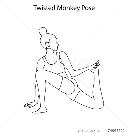 Twisted monkey pose yoga workout outline. Healthy lifestyle vector illustration Twisted monkey pose yoga workout outline. Healthy lifestyle vector illustration 74965321