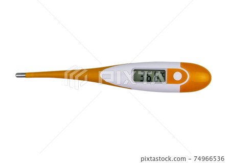 Digital medical thermometer showing healthy human body temperature 36.6 degrees Celsius isolated on white background 74966536