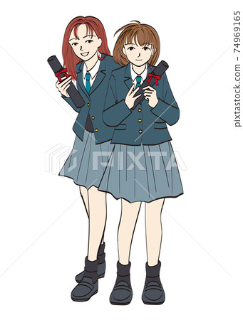 兩個高中女生和文憑一起笑 74969165