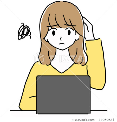 Line art illustration of a young woman in trouble with a computer Line art illustration of a young woman in trouble with a computer 74969681