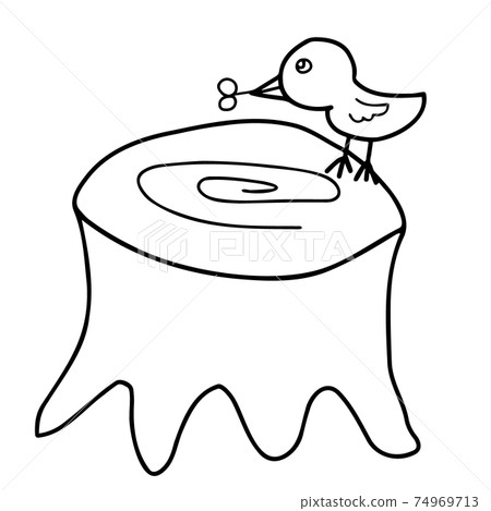 一隻鳥，棲息在一個樹樁上的插圖（樹堅果）線條藝術 74969713