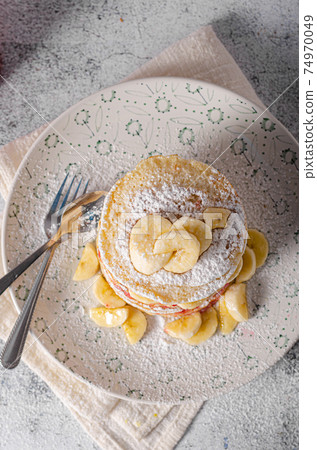 Banana pancakes with homemade jam Banana pancakes with homemade jam 74970049