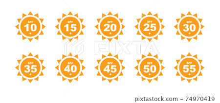 Set of SPF Protection Icons with Suns UV Block Symbols 74970419