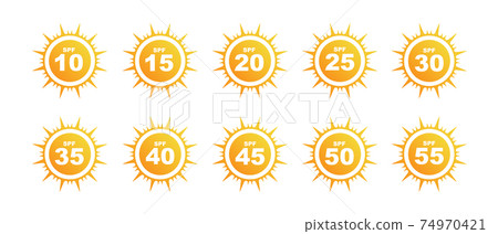 Set of SPF Protection Icons with Suns UV Block Symbols Set of SPF Protection Icons with Suns UV Block Symbols 74970421