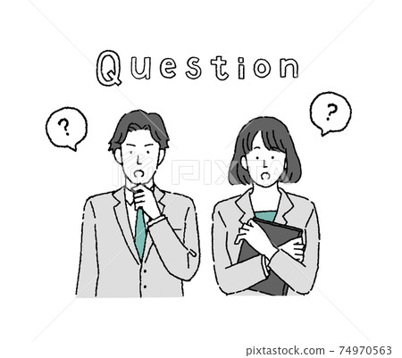 一個商人的男人和女人的插圖與一個問號 一個商人的男人和女人的插圖與一個問號 74970563