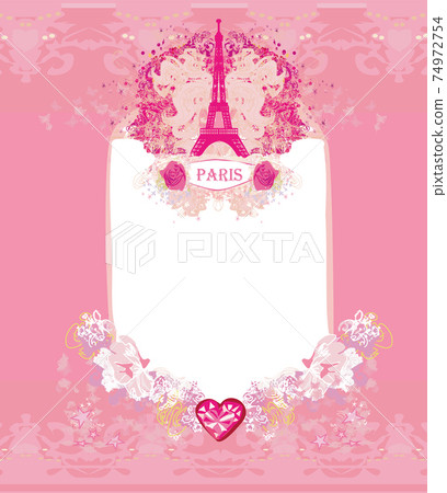 Eiffel tower artistic card, decorative floral frame 74972754