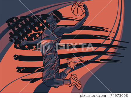 Creative illustration of a Basketball Player on American Flag colors background Creative illustration of a Basketball Player on American Flag colors background 74973008
