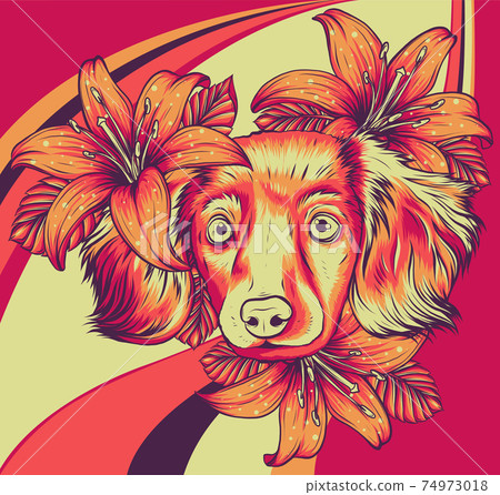 Portrait of a Spaniel dog in a flower head wreath. Vector illustration. Portrait of a Spaniel dog in a flower head wreath. Vector illustration. 74973018