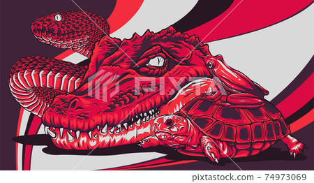 Set of reptiles and amphibians. Wild Crocodile, snake, turtle and frog 74973069