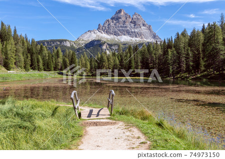 Stunning view of the Lake Misurina (Lago di Misurina) National Park Tre Cime di Lavaredo. Italy 74973150
