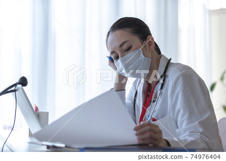 Thinking female doctor Thinking female doctor 74976404