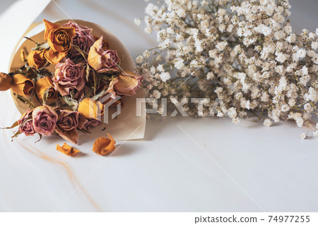 Bouquet of roses and dried flowers of gypsophila Bouquet of roses and dried flowers of gypsophila 74977255