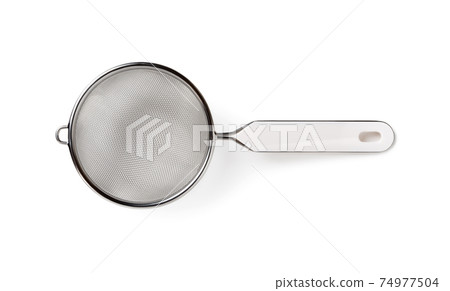 Stainless steel tea strainer with plastic handle isolated on white background. Fine mesh sieve. 74977504