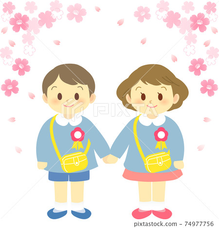 Illustration material: Image of spring when boys and girls hold hands and take a commemorative photo in full bloom of cherry blossoms Illustration material: Image of spring when boys and girls hold hands and take a commemorative photo in full bloom of cherry blossoms 74977756