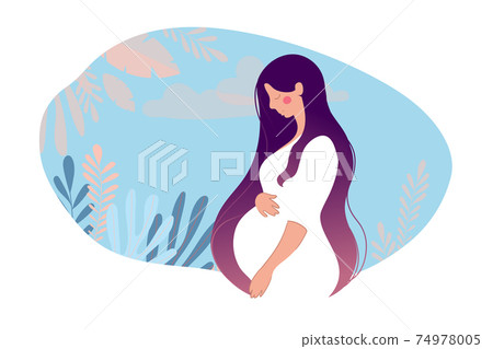 Beautiful young pregnant woman on a natural background with leaves and blue sky. A pregnant girl. Flat doodle illustration isolated on white with place for text. Beautiful young pregnant woman on a natural background with leaves and blue sky. A pregnant girl. Flat doodle illustration isolated on white with place for text. 74978005