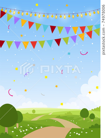 Spring or summer card with meadows, festive card background with place for text. Decorated park with sky, trees, flags, confetti. Blank for birthday, invitation, children s party. Vector flat cartoon Spring or summer card with meadows, festive card background with place for text. Decorated park with sky, trees, flags, confetti. Blank for birthday, invitation, children s party. Vector flat cartoon 74978006