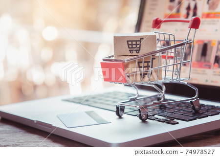 Shopping online. Credit card and cardboard box with a shopping cart logo in a trolley on laptop keyboard. Shopping service on The online web. offers home delivery Shopping online. Credit card and cardboard box with a shopping cart logo in a trolley on laptop keyboard. Shopping service on The online web. offers home delivery 74978527