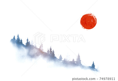 Mountain slope with pine trees in fog and red sun. Traditional oriental ink painting sumi-e, u-sin, go-hua 74978911