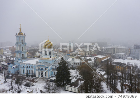 City Sumy in the fog Ukraine at the winter aerial view City Sumy in the fog Ukraine at the winter aerial view 74979369