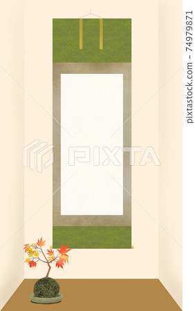 Momiji's bonsai moss ball (astringent pottery) and a tokonoma with a hanging scroll 74979871