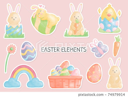 Happy easter day stickers with easter elements with watercolor illustration 74979914
