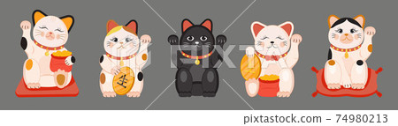 Maneki neko vector set isolated on brown background. Lucky cat in japanese traditional culture. Talisman or mascot symbol in flat style. 74980213
