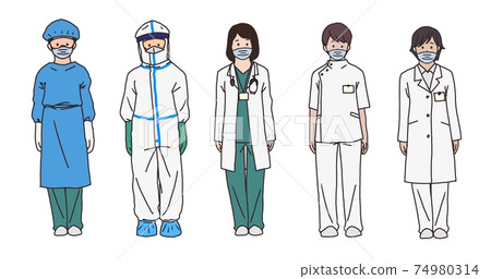 Five medical workers wearing masks. Coronavirus related, doctors, nurses, pharmacists, etc. Five medical workers wearing masks. Coronavirus related, doctors, nurses, pharmacists, etc. 74980314