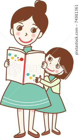 父母和孩子讀圖畫書。 74981361