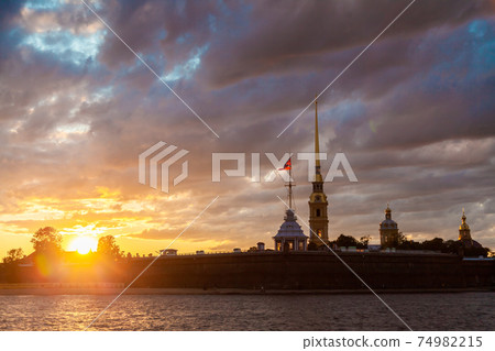 Russia. July 5, 2015. Peter and Paul Fortress, located on Zayachy Island in St. Petersburg in the evening sun. 74982215
