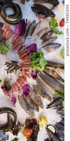 Marine delicacies close-up at the fish market Marine delicacies close-up at the fish market 74982844