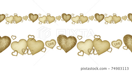 Set of Festive Valentine's day seamless borders with different golden colored hearts on a white background Set of Festive Valentine's day seamless borders with different golden colored hearts on a white background 74983113