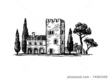 Ink sketch of italian country house. 74983499