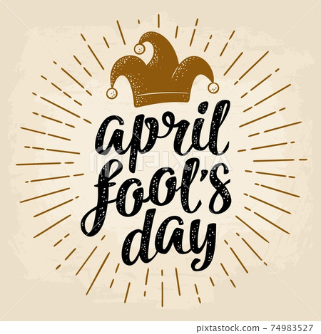 April fool s day calligraphic handwriting lettering with jester cap engraving 74983527