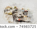 watercolor port of Zakynthos fishing boats 74983725