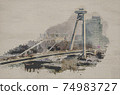 watercolor snow and cold fog on the new bridge in Bratislava 74983727