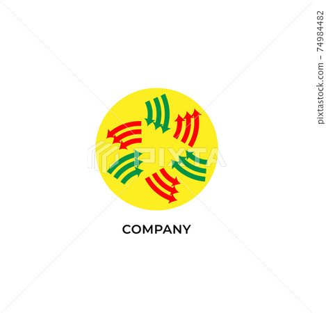 Three layers of red and green arrows with yellow ellipse shape behind. Circulation logo design template. Recycle logo concept isolated on white background Three layers of red and green arrows with yellow ellipse shape behind. Circulation logo design template. Recycle logo concept isolated on white background 74984482
