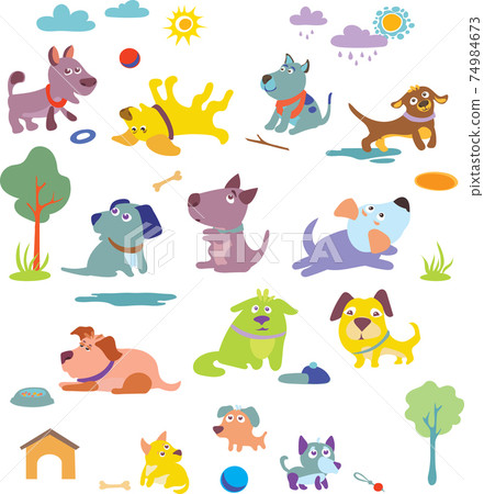 funny dog, dog in various poses and situations, drawing, vector, images 74984673