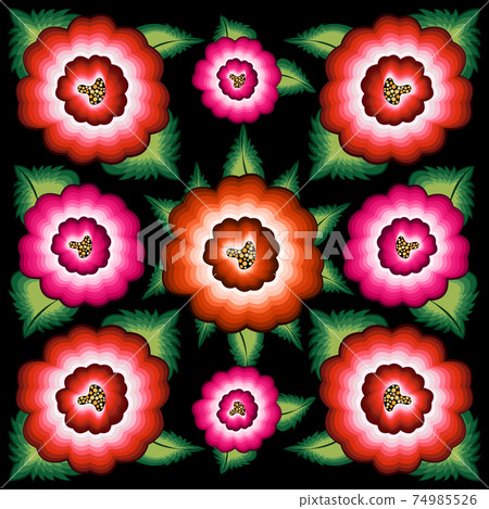 Mexican floral embroidery seamless pattern, colorful native flowers folk fashion design. Embroidered Traditional Textile Style of Mexico, vector isolated on black background 74985526