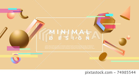 Geometric shapes minimal design. Gold balls with semicircles and pink cones flying blue polygons. 74985544
