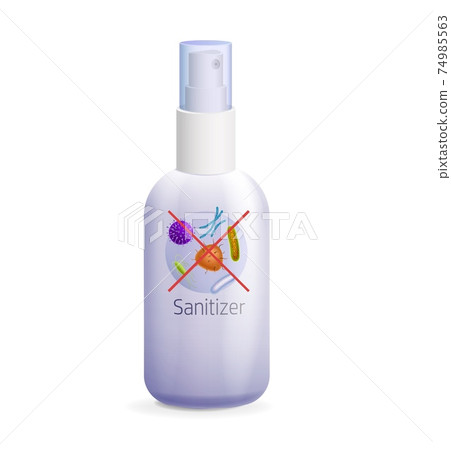 Sanitizer plastic bottle with dispenser. Realistic antiseptic disinfectant with crossed red lines bacteria. Sanitizer plastic bottle with dispenser. Realistic antiseptic disinfectant with crossed red lines bacteria. 74985563