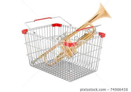 Shopping basket with trumpet, 3D rendering Shopping basket with trumpet, 3D rendering 74986438