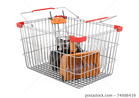Shopping basket with snow blower, 3D rendering Shopping basket with snow blower, 3D rendering 74986439