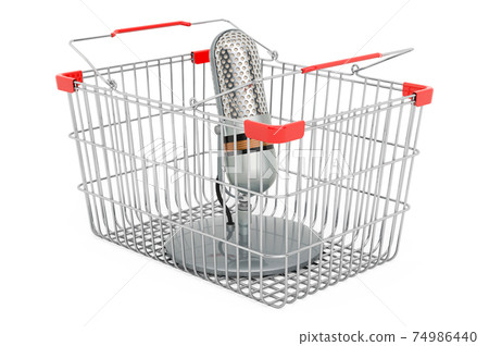 Shopping basket with retro microphone, 3D rendering Shopping basket with retro microphone, 3D rendering 74986440