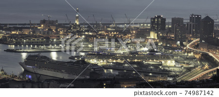 Port of Genoa seen from above at night Port of Genoa seen from above at night 74987142