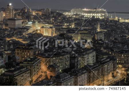 Port of Genoa seen from above at night Port of Genoa seen from above at night 74987145