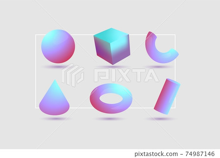 Geometric shapes in neon color. Pink ball with cube and blue hemisphere gradient futuristic cone and ring. Geometric shapes in neon color. Pink ball with cube and blue hemisphere gradient futuristic cone and ring. 74987146