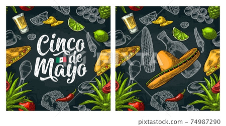 Seamless pattern mexican food and Cinco de Mayo handwriting lettering. Seamless pattern mexican food and Cinco de Mayo handwriting lettering. 74987290