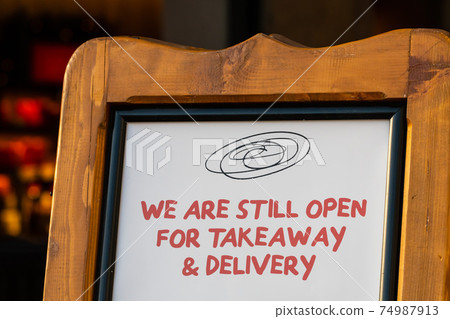 Open take away only sign during lockdown caused by Covid-19 pandemic Open take away only sign during lockdown caused by Covid-19 pandemic 74987913